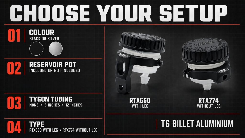 Racetorx reservoir bracket options including type, colour, 30ml Brembo pot and Tygon tubing length. 