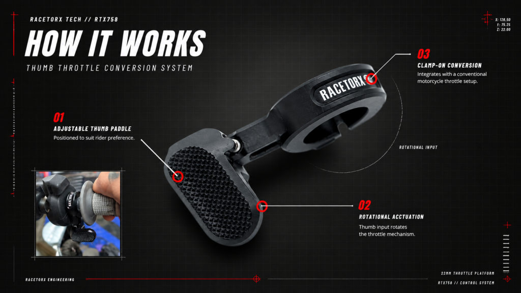 RaceTorx RTX758 motorcycle thumb throttle showing adjustable thumb paddle, rotational actuation and clamp-on conversion system