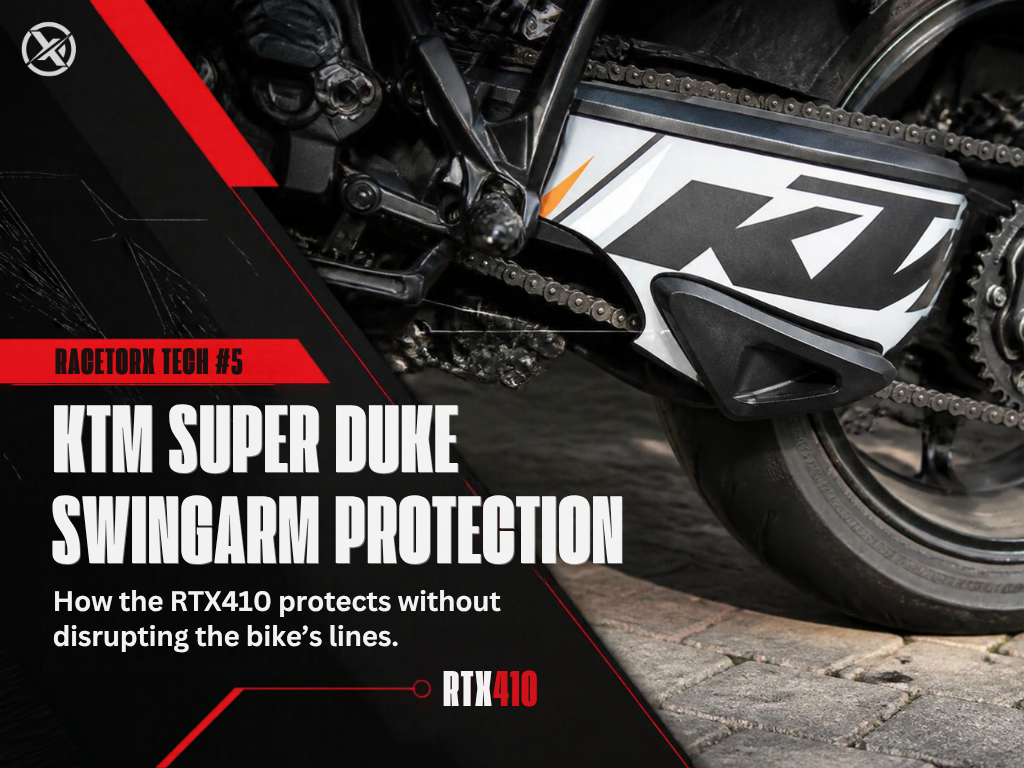 KTM Super Duke Swingarm Protection – Racetorx RTX410 Racetorx RTX410 KTM Super Duke swingarm protection fitted to the motorcycle