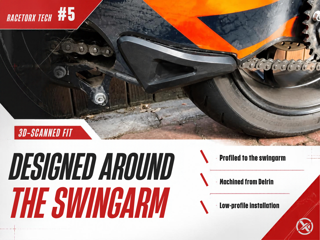 RTX410 Designed Around the KTM Super Duke Swingarm Racetorx RTX410 profiled Delrin crash bobbin fitted around the KTM Super Duke swingarm
