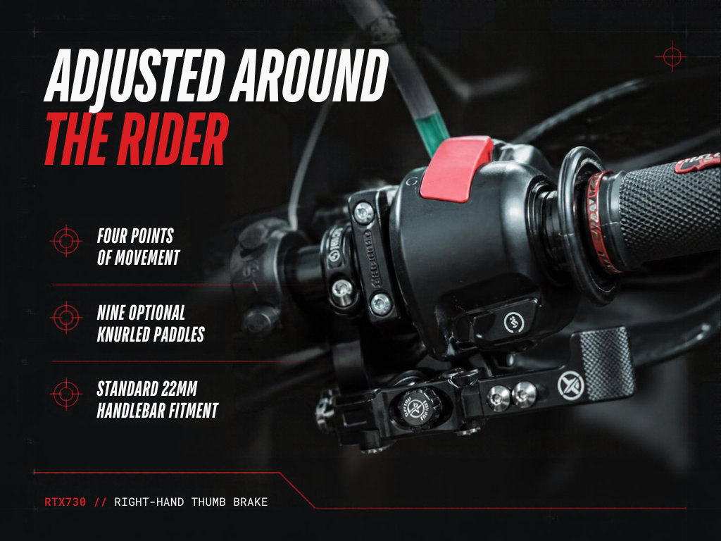 Adjustable Racetorx RTX730 right-hand thumb brake fitted to a motorcycle